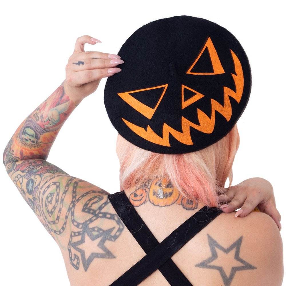 Kreepsville - Trick Or Treat Pumpkin Beret - Black/Orange